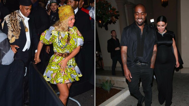 SUPERPAR: Heller ikke Jay Z og Kanye Wests ektefeller er kjent for en spesielt beskjeden livsførsel. Her er Jay Z og Beyoncé i Halloween-kostymer ved nattklubben 1Oak i helgen, mens Kanye og Kim er fotografert ute i Beverly Hills nylig. Foto: NTB Scanpix/ Xposure SUPERPAR: Heller ikke Jay Z og Kanye Wests ektefeller er kjent for en spesielt beskjeden livsførsel. Her er Jay Z og Beyoncé i Halloween-kostymer ved nattklubben 1Oak i helgen, mens Kanye og Kim er fotografert ute i Beverly Hills nylig. Foto: NTB Scanpix/ Xposure